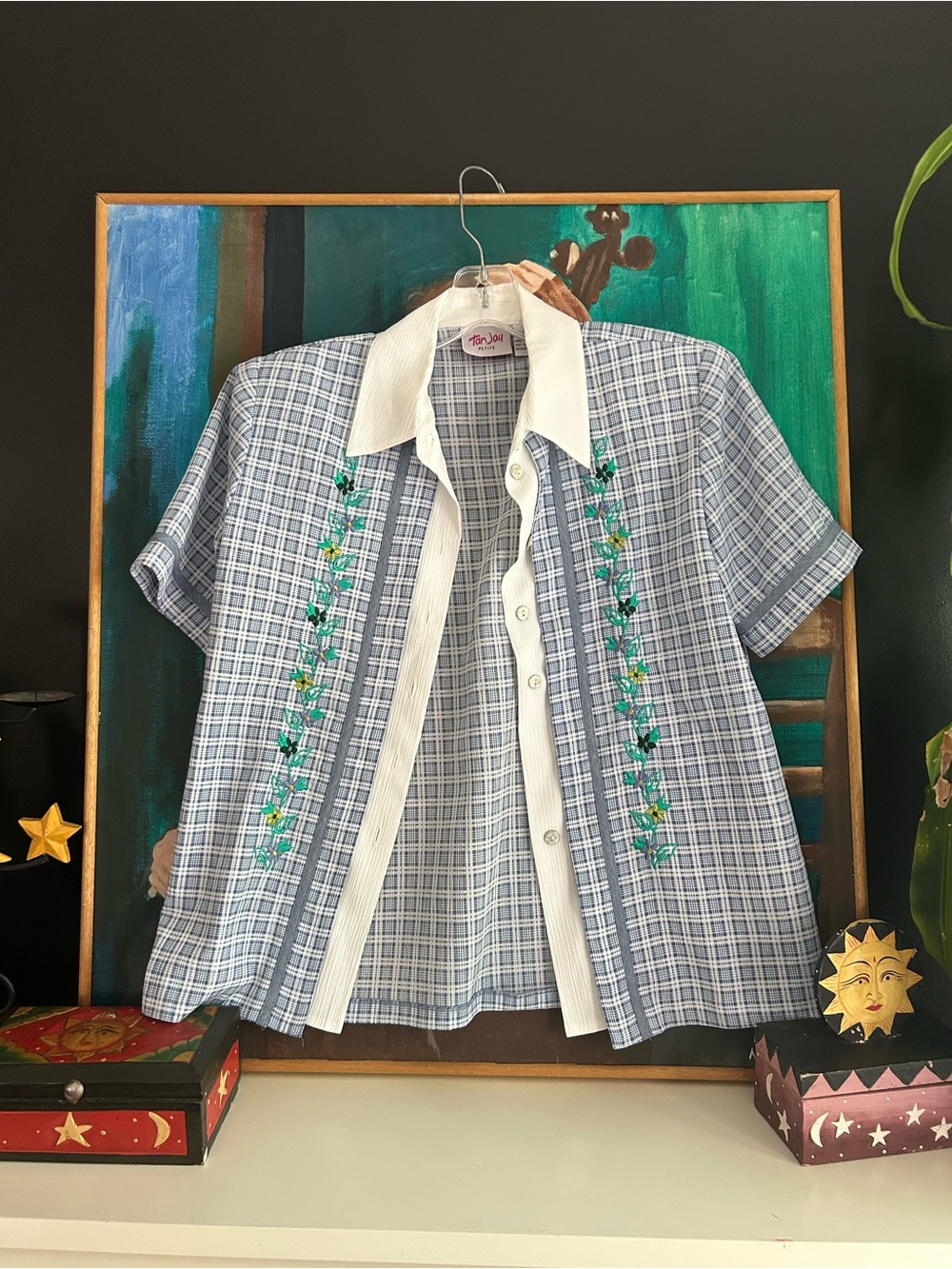 Tan Jay Vintage Plaid Embroidered Button Up Blouse Womens Petite 6 Cottagecore
